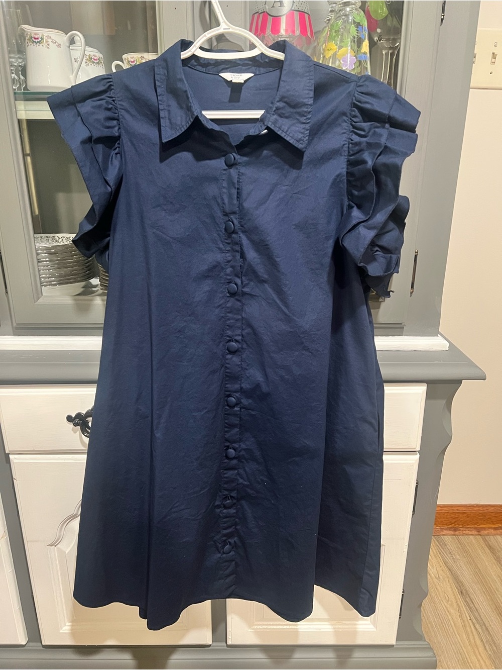 Crown & Ivy Navy Ruffle Sleeve Button Front Dress
